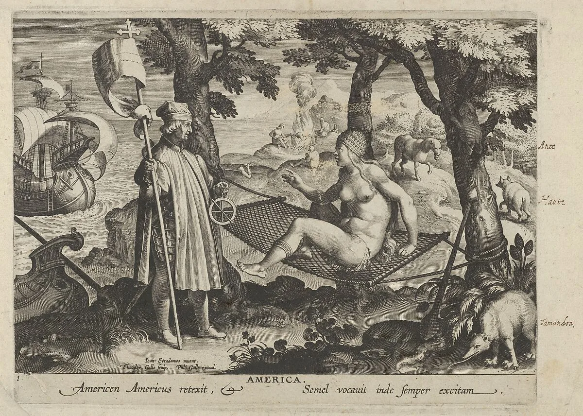 Allegory of America, from New Inventions of Modern Times (Nova Reperta), plate 1 of 19 — Jan van der Straet, called Stradanus|Philips Galle|Theodoor Galle
