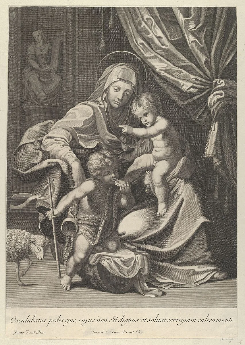The Virgin seated with the infant Christ on her lap, the young Saint John the Baptist kneeling on Christ's cradle and kissing his foot, a lamb at left, after Reni — Guido Reni|Anonymous, 17th century|Charles Errard le fils