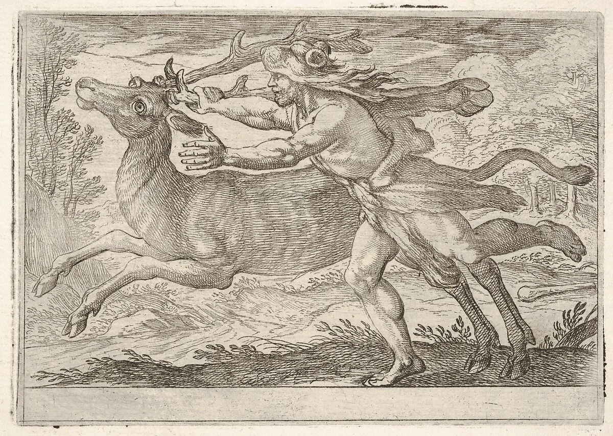 Hercules and the Hind of Mount Cerynea: Hercules strides alongside the hind and grasps the base of one antler with his right hand, from the series 'The Labors of Hercules' — Antonio Tempesta