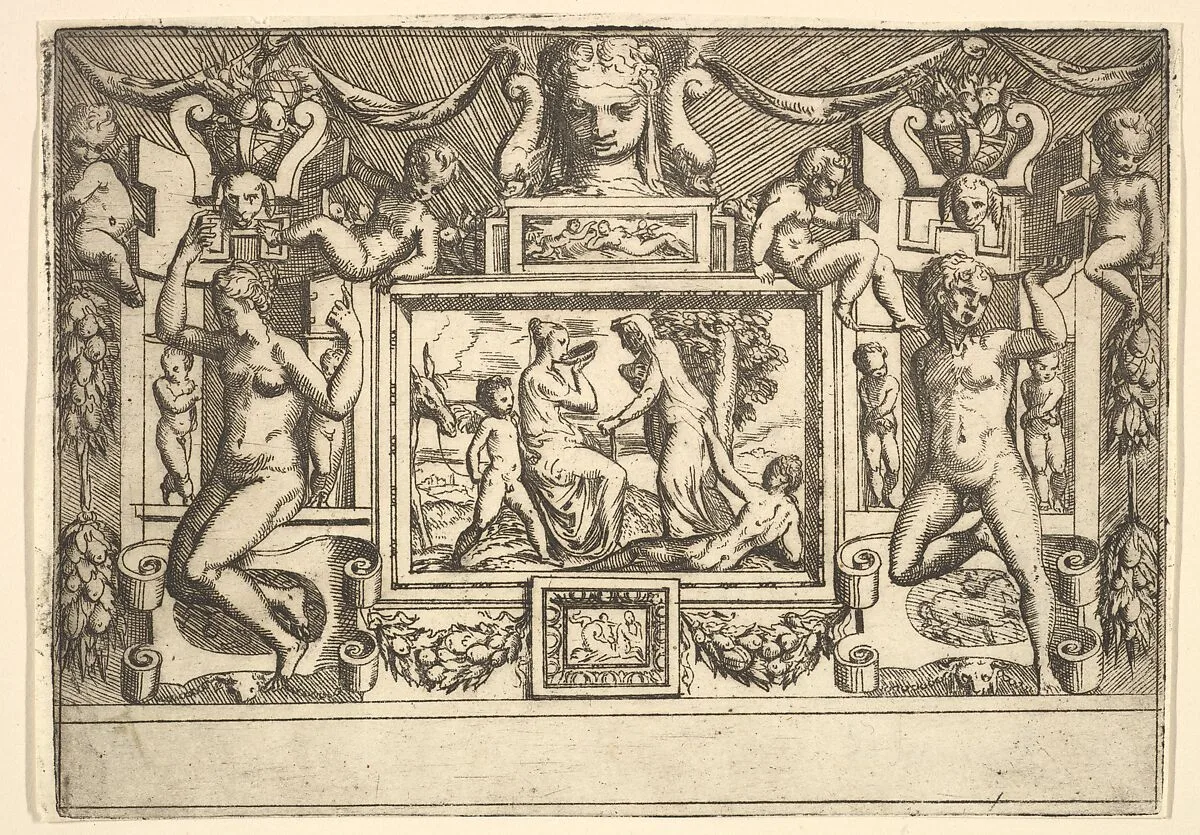 Young woman drinking from a bowl, an old woman standing in front of her, set within an elaborate frame — Battista Angolo del Moro|Andrea Schiavone (Andrea Meldola)|Jacques Androuet Du Cerceau