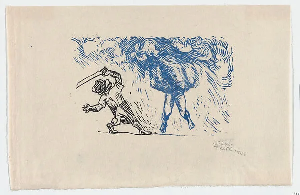 The father strikes the sombrerón with an axe, illustration for 'El Sombrerón' — Alfredo Zalce