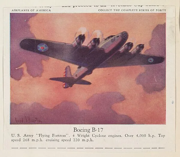 Boeing B-17, collector card from the Airplanes of America series (D2), issued by the Kelley Baking Company to promote Kelley's Bread — Kelley Baking Company