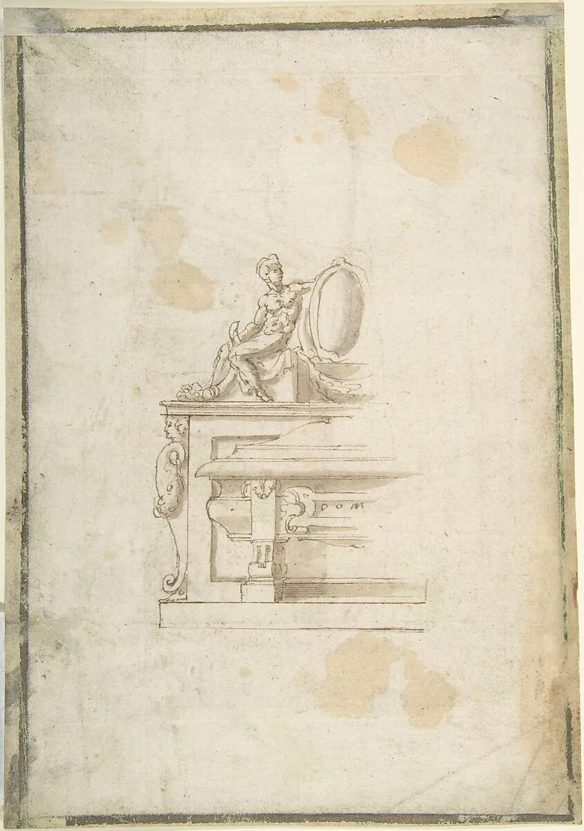 Partial Design for a Tomb with a Seated Male Figure Holding a Shield (recto); Partial Design for a Tomb with a Seated Male Figure, Putti and an Obelisk (verso) — Anonymous, Italian, 16th century