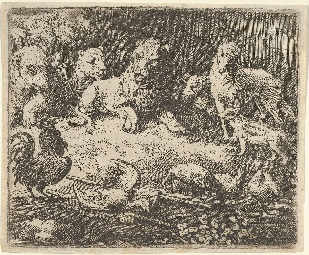 The Rooster Accuses Renard of the Murder of One of His Chickens from Hendrick van Alcmar's Renard The Fox — Allart van Everdingen