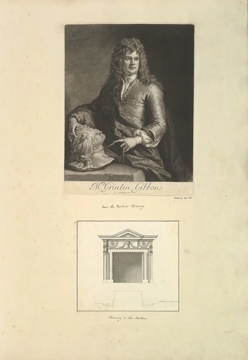 Leaf from Aedes Walpolianae mounted with a print and a drawing (a): Portrait of Grinling Gibbons; (b) Chimney to the Parlour, Houghton Hall, Norfolk — John Smith|Sir Godfrey Kneller|Grinling Gibbons|Isaac Ware