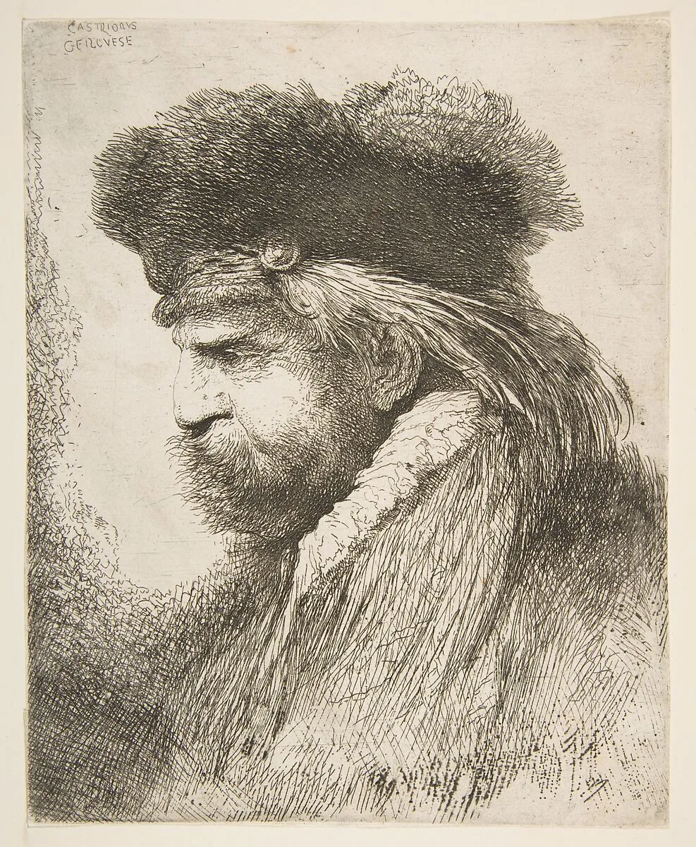 Head of an old man facing left, from "Large Oriental Heads" — Giovanni Benedetto Castiglione (Il Grechetto)