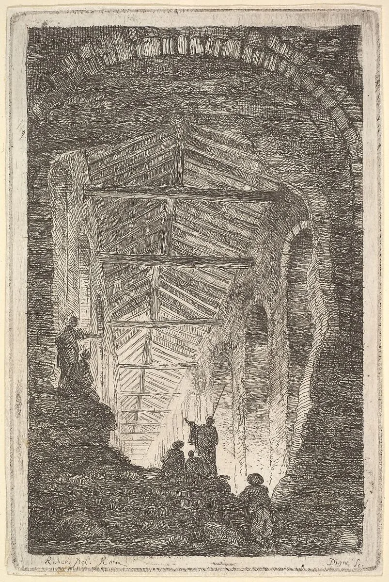 Plate 10: The Ancient Gallery: a large covered gallery, light entering from the background, six figures standing atop piles of rocks in the foreground, from "Les soirées de Rome" — Hubert Robert|Barbe Sophie Digne