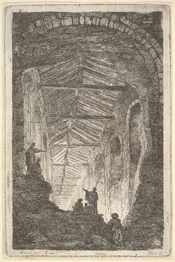 Plate 10: The Ancient Gallery: a large covered gallery, light entering from the background, six figures standing atop piles of rocks in the foreground, from "Les soirées de Rome"