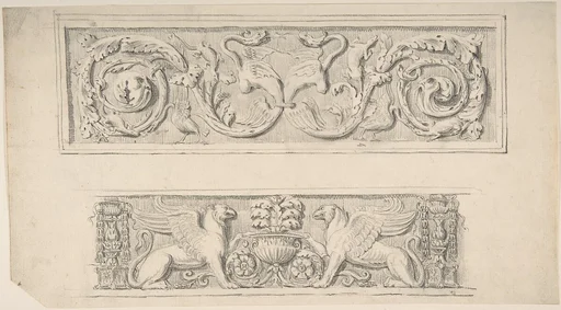 Two Frieze Designs: Decorated with Birds, Reptiles and Vines, Griffins and Vases