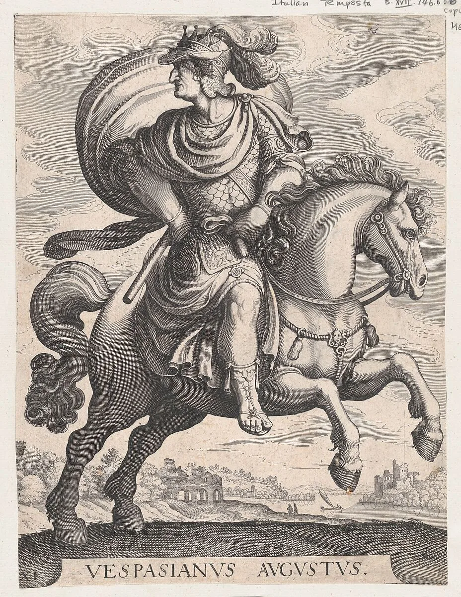 Emperor Vespasian on Horseback, from the series The First Twelve Roman Caesars, plate 11 — Antonio Tempesta|Matthäus Merian the Elder