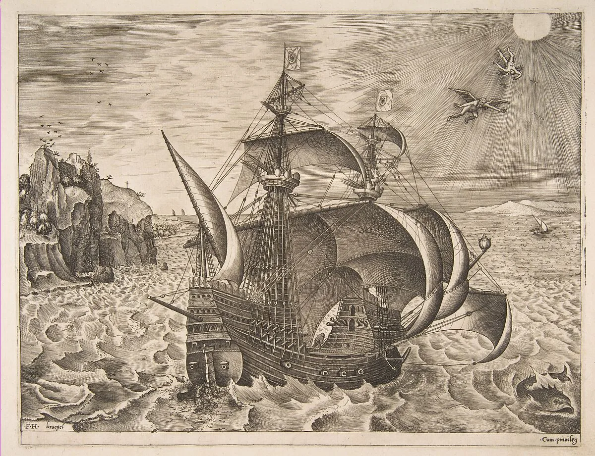 Armed Three-master with Daedalus and Icarus in the Sky from The Sailing Vessels — Frans Huys|Pieter Bruegel the Elder|Hieronymus Cock