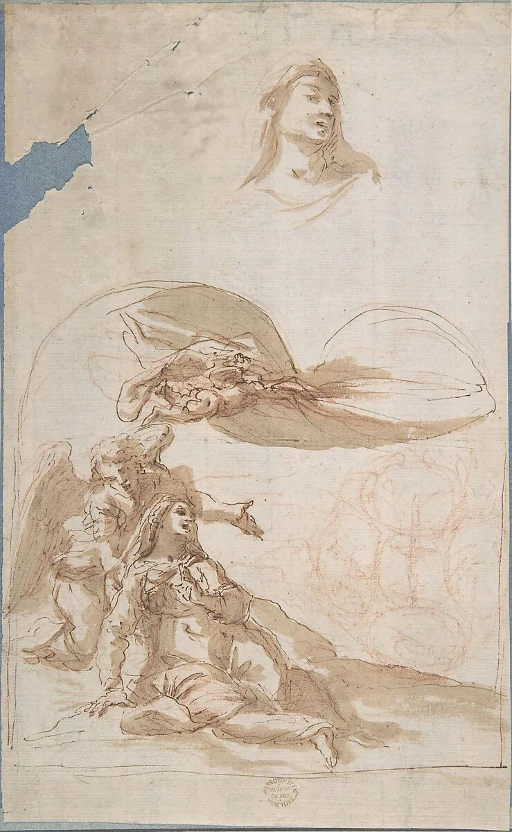 Saint in Ecstasy; Study of Saint's Head (recto); Sketches of Putti (verso) — Anonymous, Italian, Roman-Bolognese, 17th century