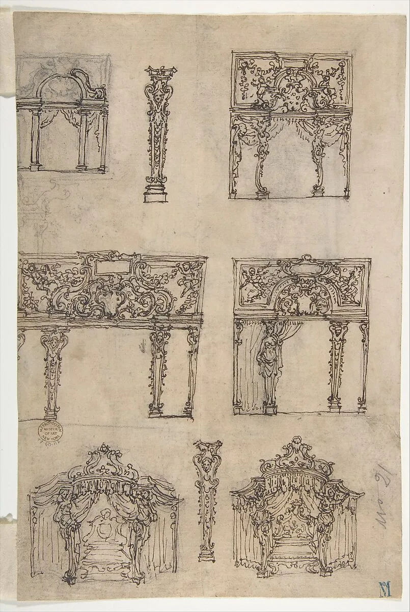 Designs for Archways and Baldachins with Caryatids and Coats of Arms (Recto). Design for a Monument with Statues of Prudence and Fortitude (Verso). — Giovanni Battista Foggini