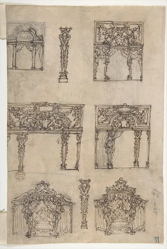 Designs for Archways and Baldachins with Caryatids and Coats of Arms (Recto). Design for a Monument with Statues of Prudence and Fortitude (Verso).