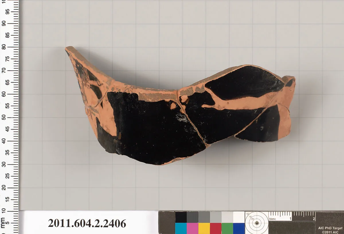 Terracotta fragment of a head kantharos (drinking cup with high handles)? — Unknown