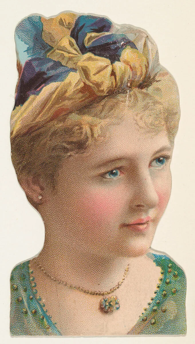 Actress wearing blue and yellow unstructured hat, from Stars of the Stage, Fourth Series (N132) issued by Duke Sons & Co. to promote Honest Long Cut Tobacco — American Tobacco Company|W. Duke, Sons & Co.