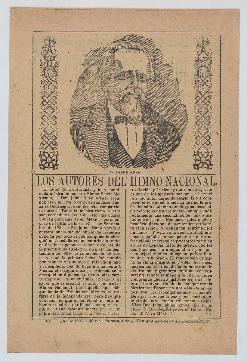 Broadsheet about the authors of Mexico's national anthem, portrait of Don Jaime Nuvo at center — José Guadalupe Posada