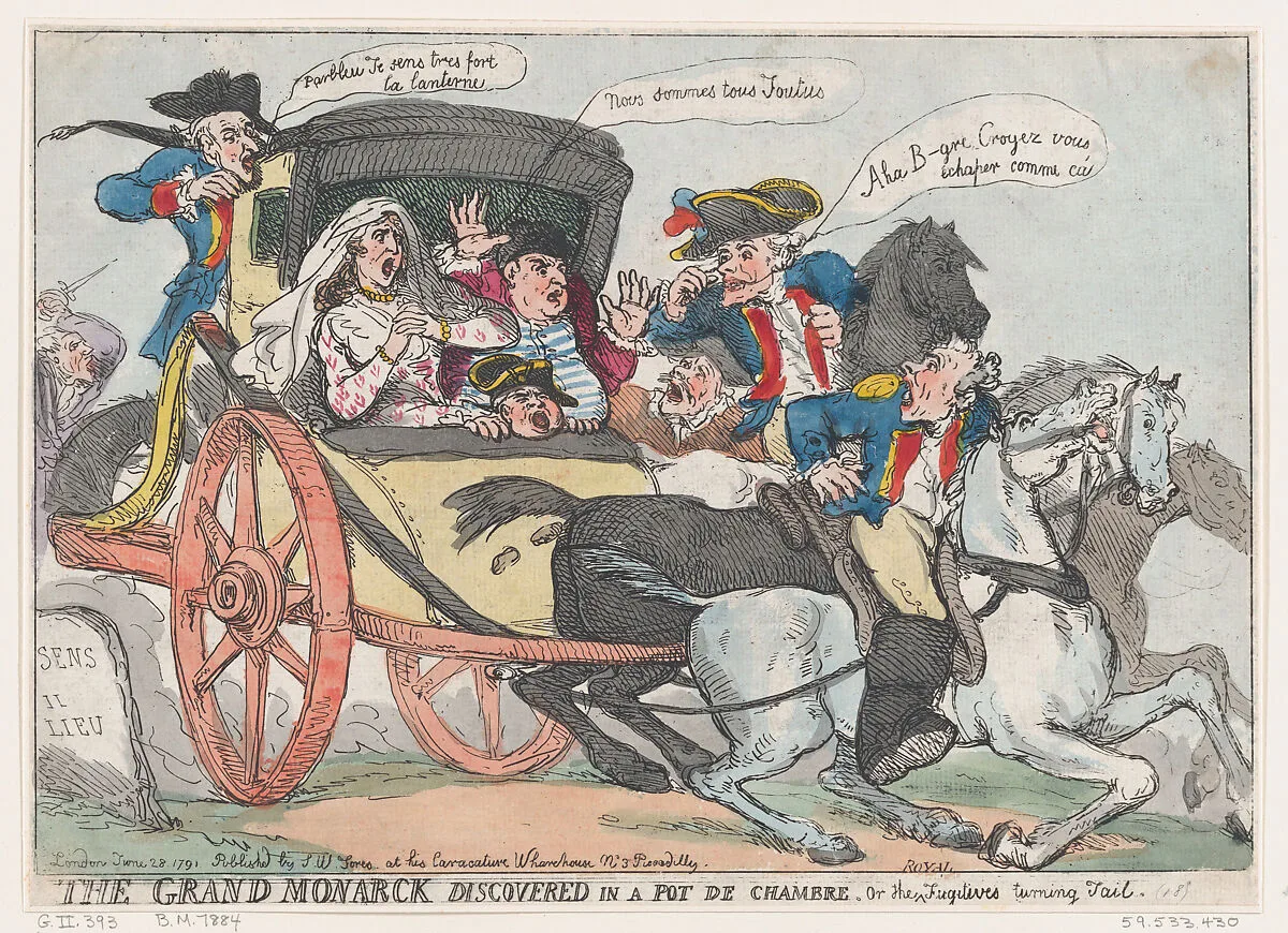 The Grand Monarck Discovered in a Pot de Chambre, or The Fugitives Turning Tail — Thomas Rowlandson|S. W. Fores|Louis XVI, King of France|Marie Antoinette, Queen of France