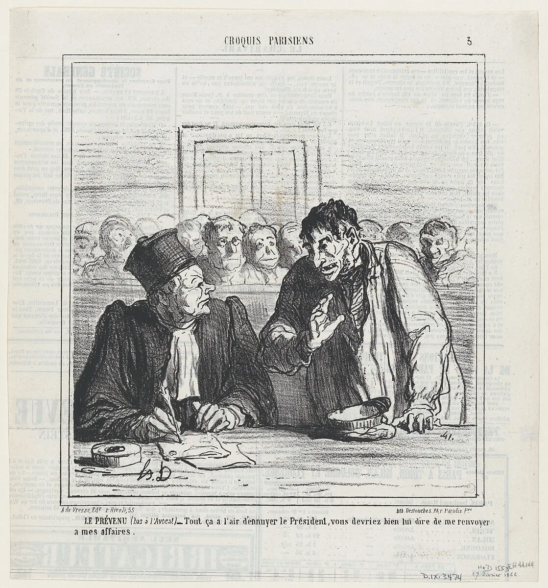 The defendant (whispering to his lawyer): All this seems to bore the president. Why don't you just suggest to simply let me go home, from 'Parisian sketches,' published in Le Charivari, February 17, 1866 — Aaron Martinet|Honoré Daumier|Destouches