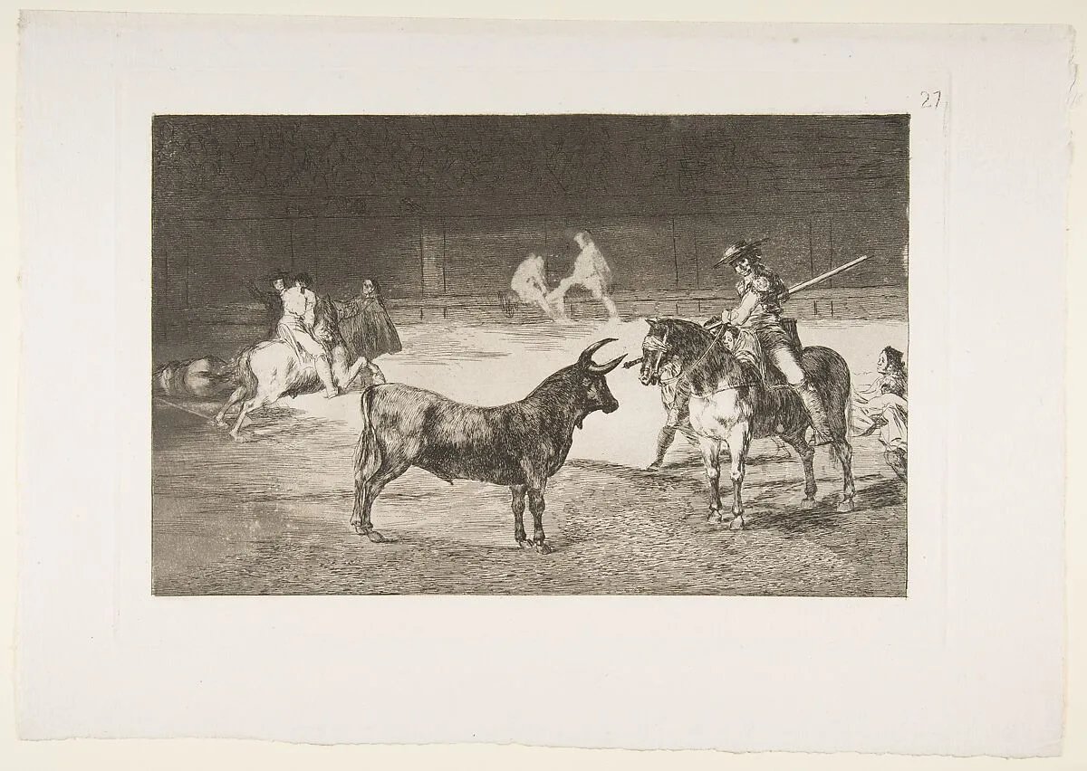 Plate 27 from "La Tauromaquia": The celebrated picador, Fernando del Toro, draws the fierce beast on with his pike — Goya (Francisco de Goya y Lucientes)