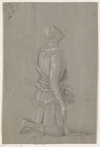 A Kneeling Man in Fifteenth-Century Costume (recto); a small, fragmentary sketch of a recumbant boy, probably by a later hand (verso)