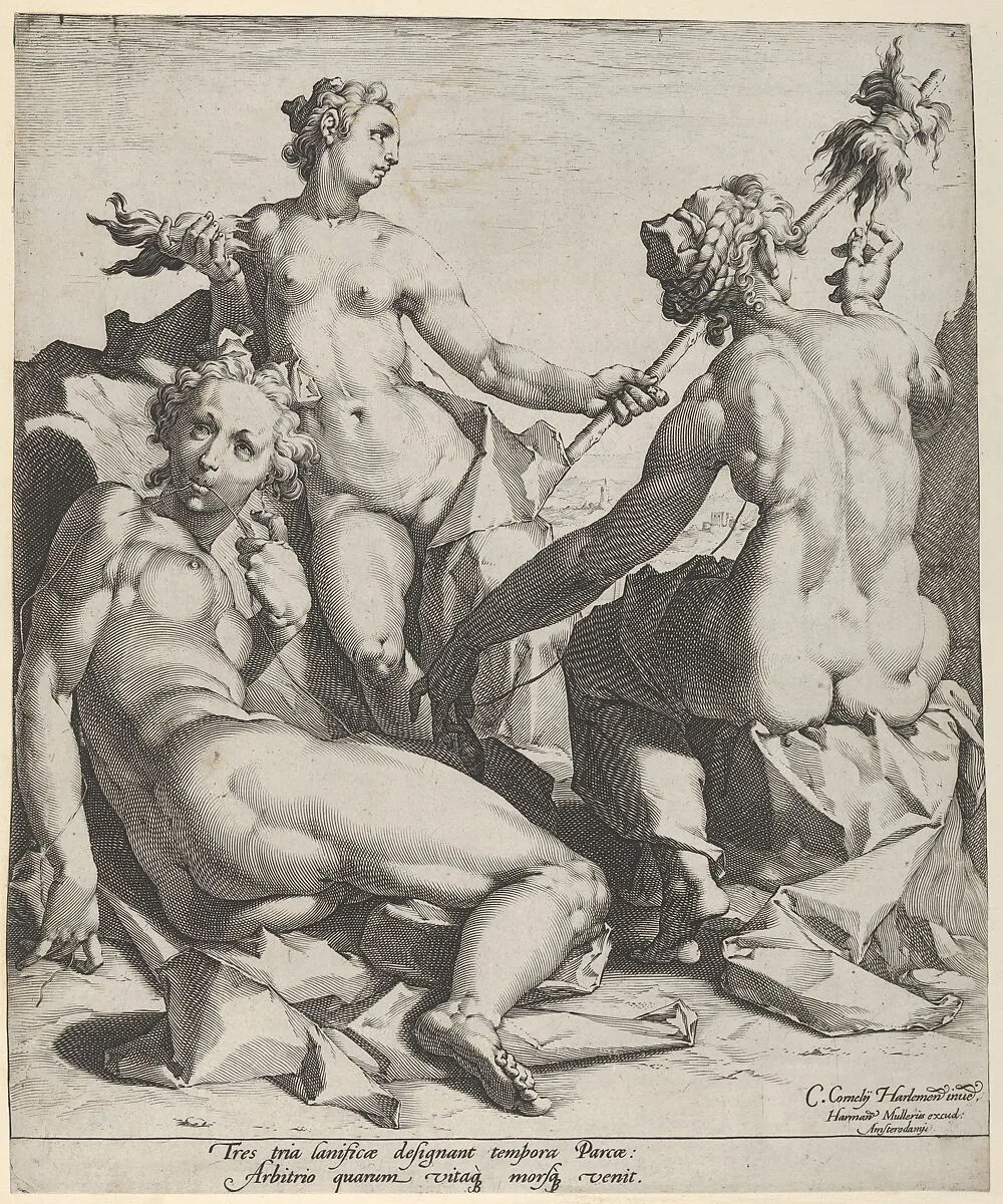 The Three Fates: Clotho, Lachesis and Atropos — Cornelis Cornelisz van Haarlem|Jan Muller|Harmen Jansz. Muller