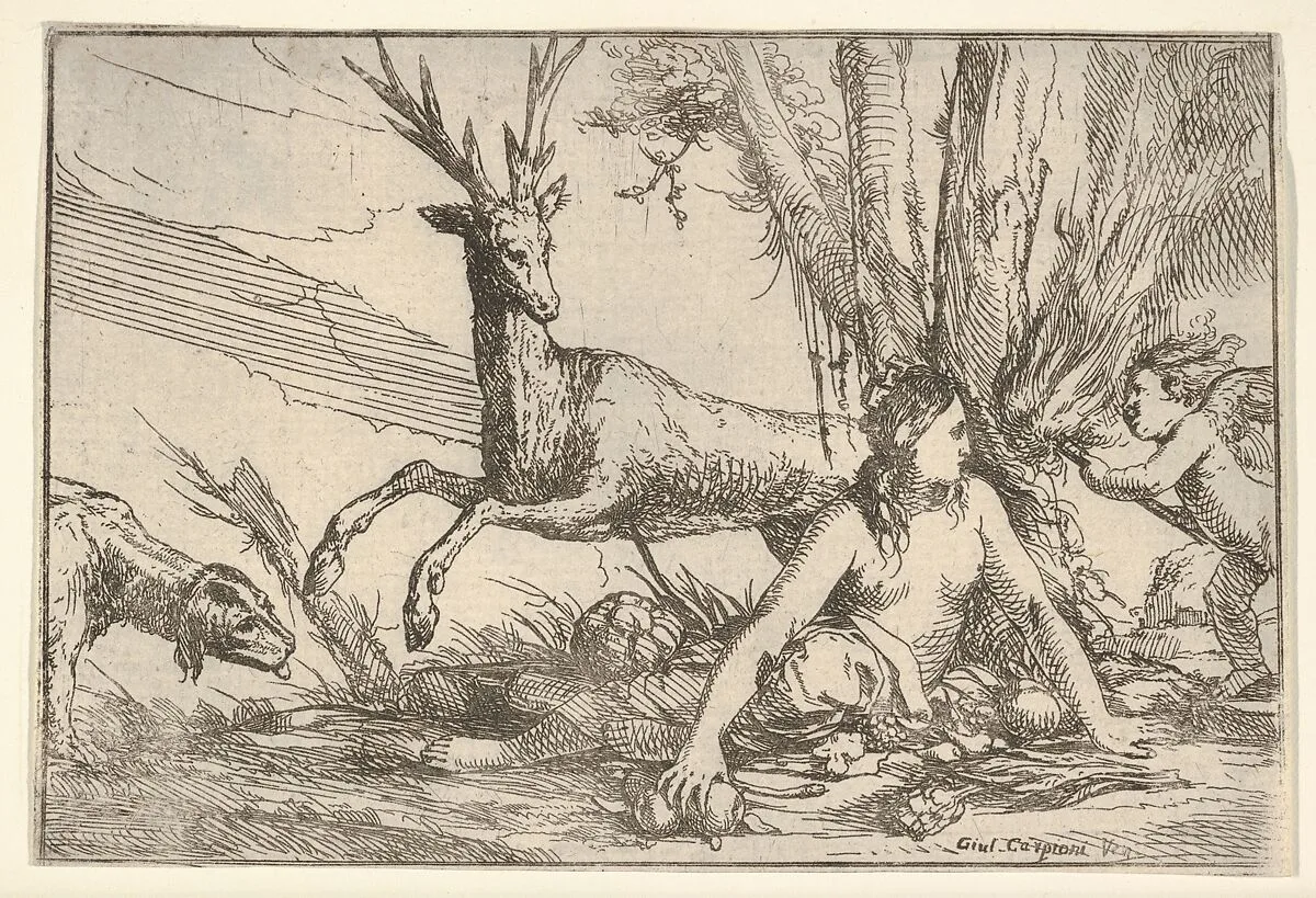 Earth, represented by Cybele seated at the base of a tree with fruits of the earth spread before her, a cupid with a torch approaches from the right, a stag and hound look toward Cybele from the left, from "The Elements" — Giulio Carpioni