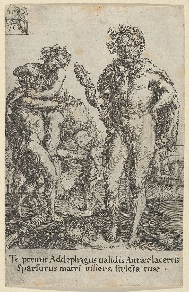 Hercules Squeezing Antaeus to Death, from The Labors of Hercules — Heinrich Aldegrever