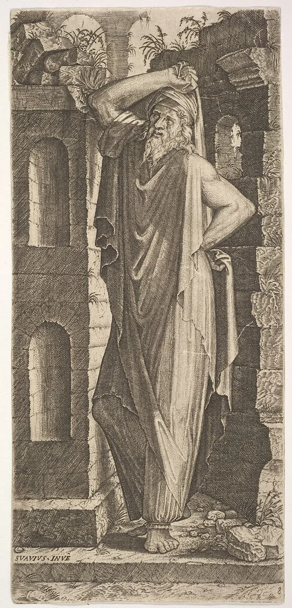 St. Philip(?), standing with his left hand on his hip and his right hand resting on his head, masonry walls to his right and behind him, from "Christ and the Twelve Apostles" — Lambert Suavius