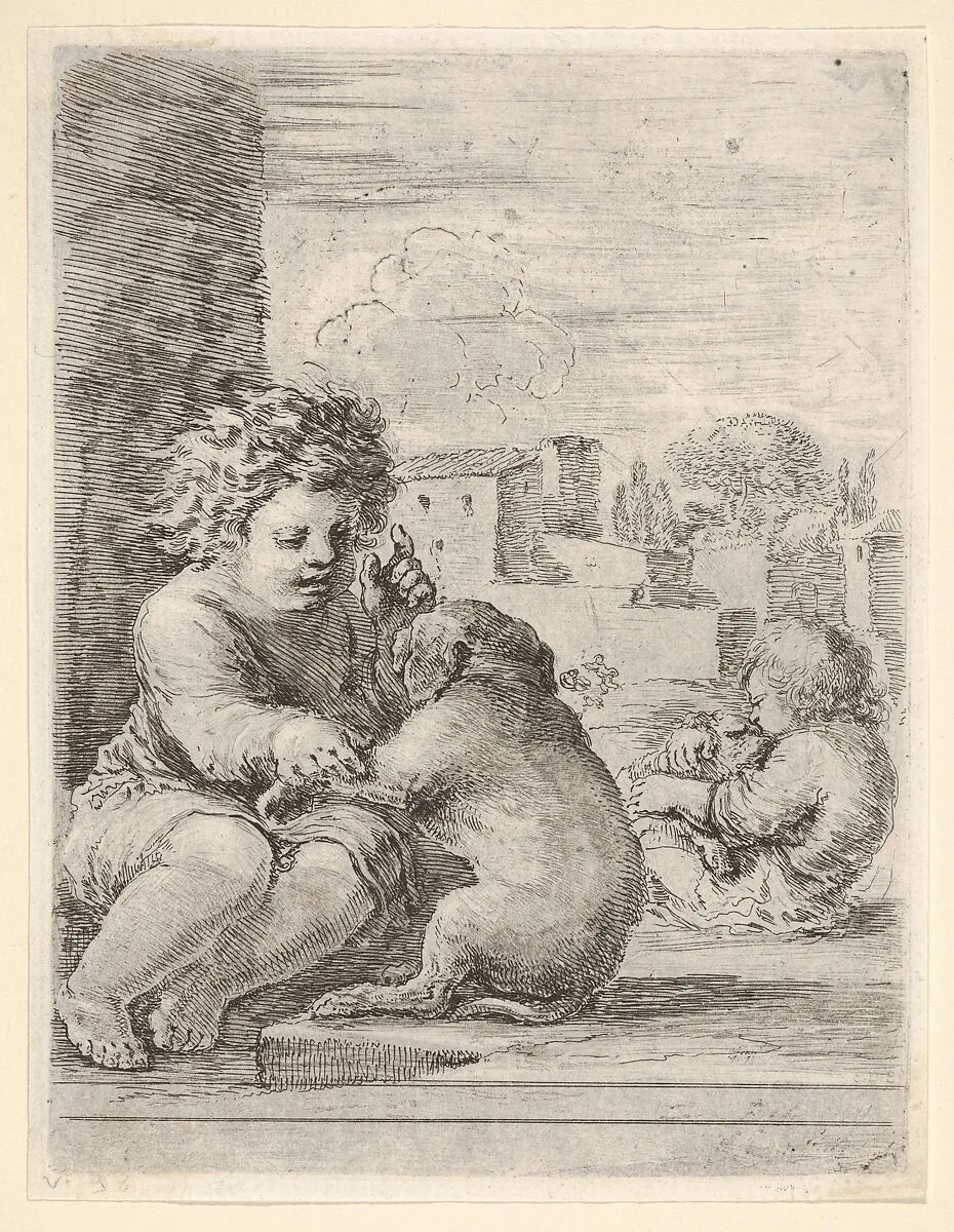 Child teaching a dog to sit, the child seated to left against a wall, teaching the dog to sit on its hind legs, another child embracing a dog to right in the background — Stefano della Bella