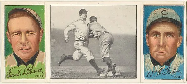 "Chance Beats Out a Hit," with Frank Leroy Chance and William Aloysius Foxen, from the series Hassan Triple Folders (T202) — Hassan Cigarettes