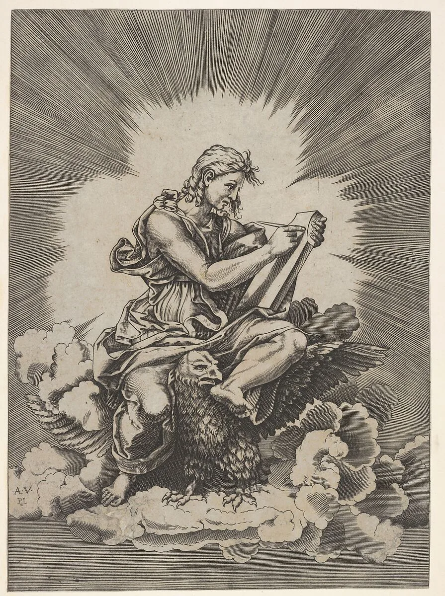 St. John, seated and holding a writing instrument to a tablet, an eagle with outstretched wings below his legs, from a series of the four evangelists after Agostino Veneziano, which are in turn after Giulio Romano — Agostino Veneziano (Agostino dei Musi)|Anonymous, Italian, 16th century|Giulio Romano