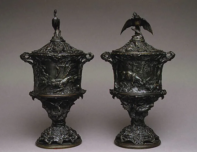 Pair of urns with covers with hunting scenes — Pierre-Jules Mêne