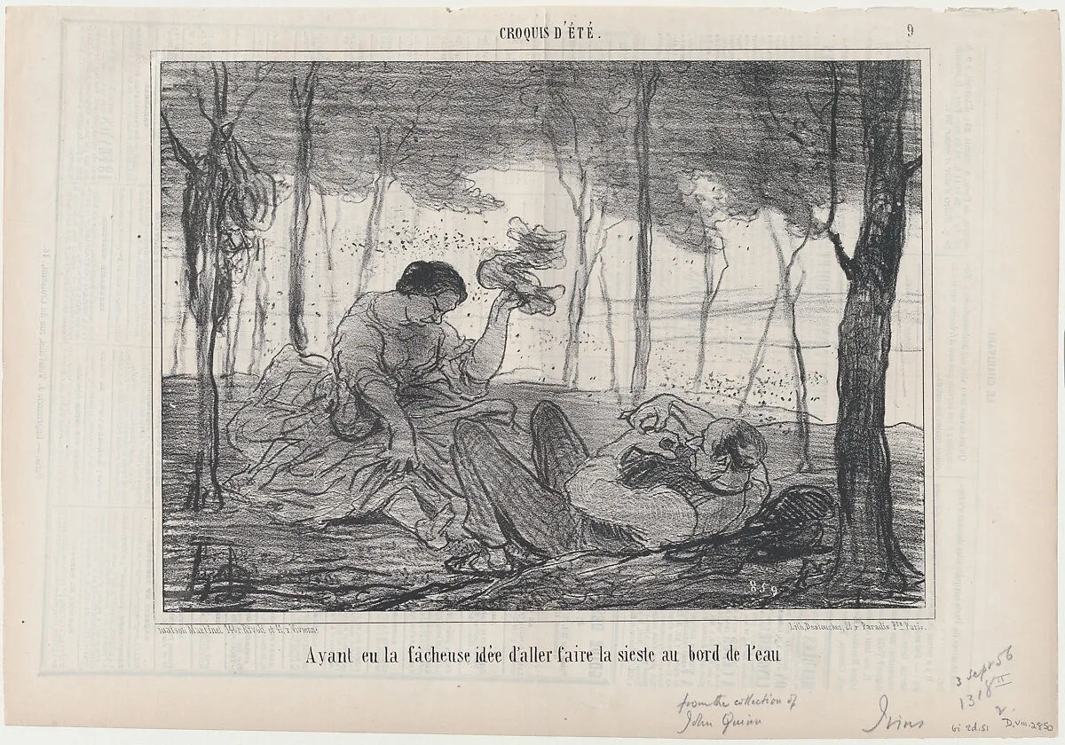 Ayant eu la facheuse idée d'aller...au bord de l'eau, from Croquis d'Été, published in Le Charivari, September 3, 1856 — Aaron Martinet|Honoré Daumier|Destouches