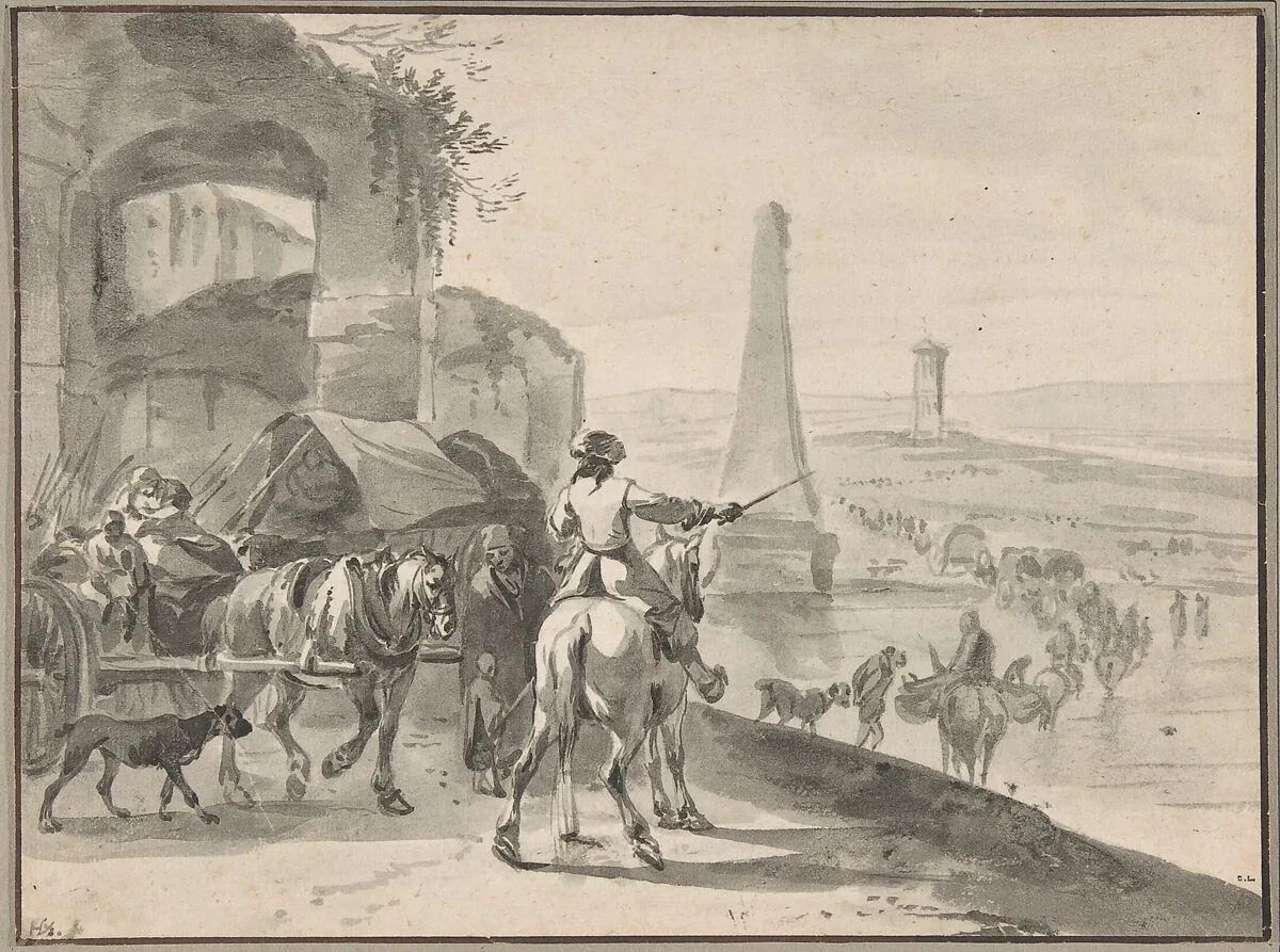Travellers and wagons fording a river in a Southern landscape — Hendrick Verschuring