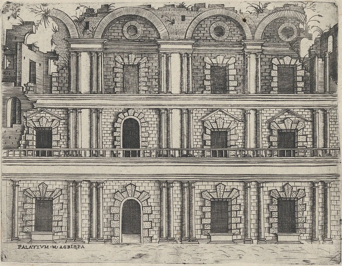 Palatium M. Agrippa, from a Series of 24 Depicting (Reconstructed) Buildings from Roman Antiquity — Monogrammist G.A. & the Caltrop|Anonymous, Italian, 16th century