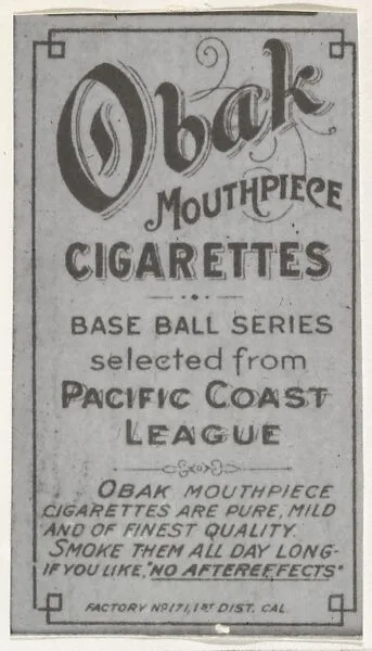Facsimile of Card Verso, from the "Obak Baseball Players" set (T212), issued by the American Tobacco Company to promote Obak Mouthpiece Cigarettes — American Tobacco Company