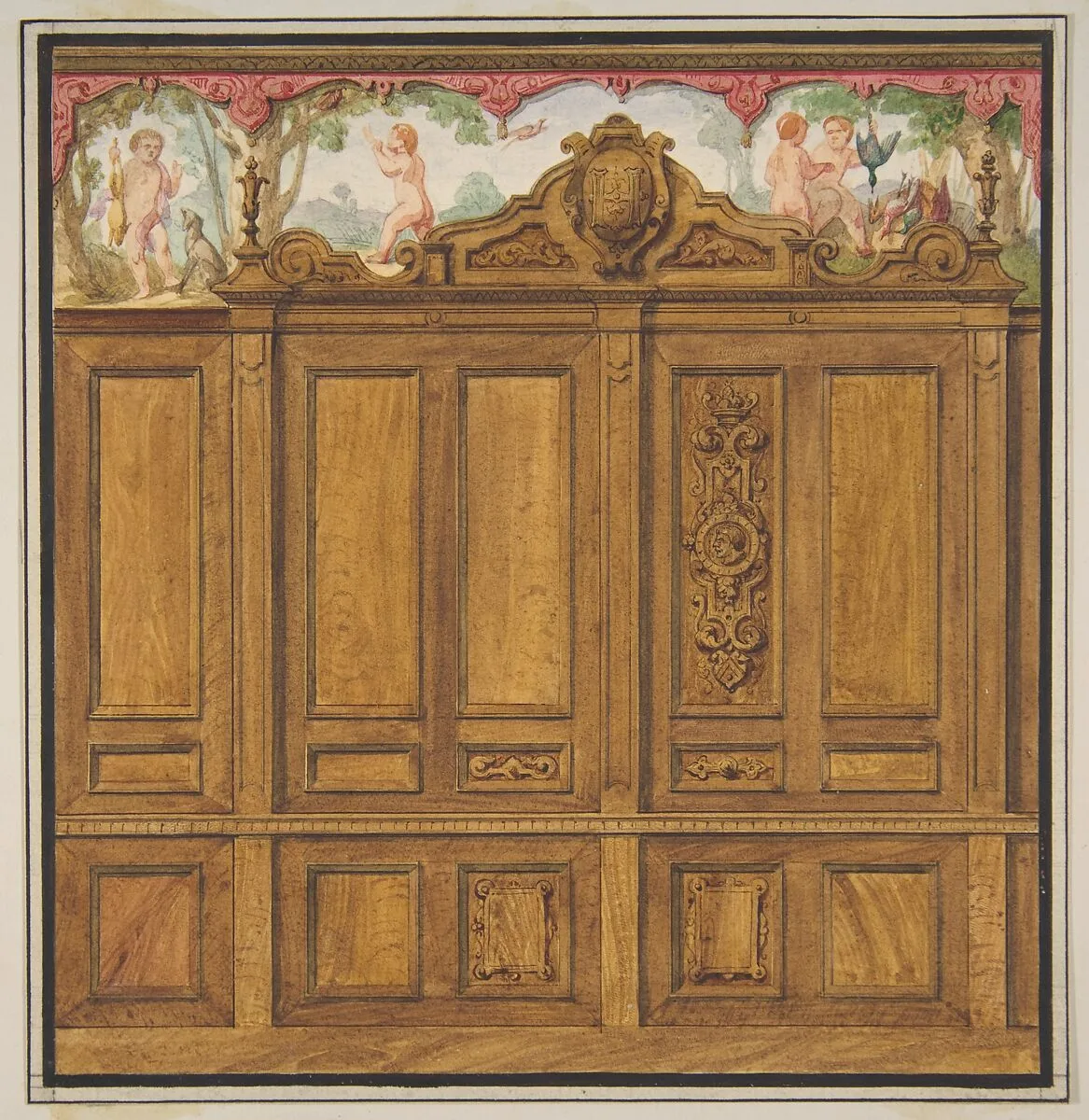 Design for the decoration of a room with a large wood-paneled cupboard surmounted by the monogram: H — Jules-Edmond-Charles Lachaise|Eugène-Pierre Gourdet