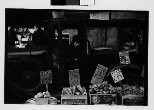 [Five 35mm Film Frames: Produce Vendor with Truck and Baskets on Street, Chicago, Illinois]