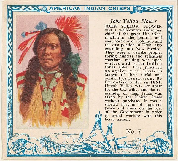 Card No. 7, John Yellow Flower, from the Indian Chiefs series (T129) issued by Red Man Chewing Tobacco — Red Man Chewing Tobacco