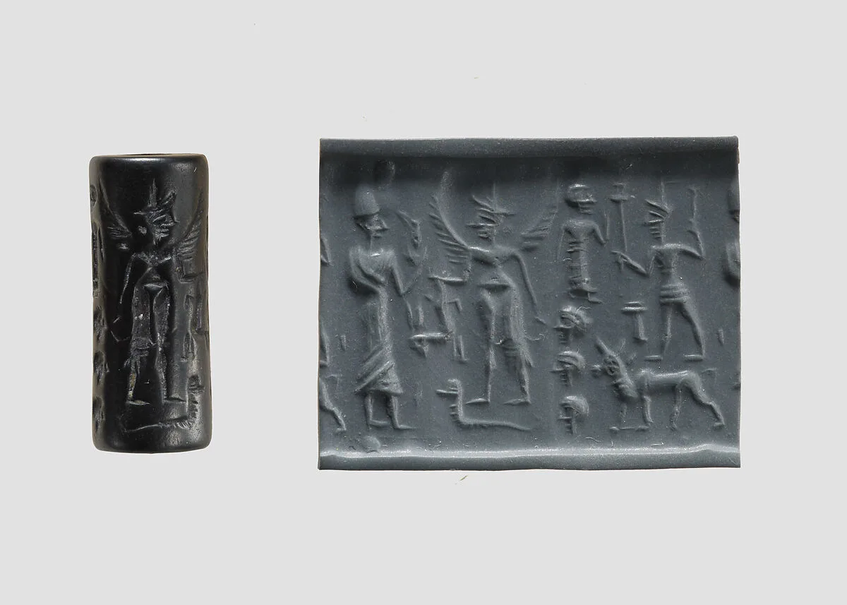 Cylinder seal and modern impression: king before nude winged goddess above snake; weather god on bull — Unknown