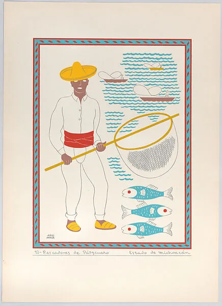 Plate 12: a fisherman from Pátzcuaro in the state of Michoacán, from 'Trajes regionales mexicanos' (regional Mexican dress) — Carlos Mérida|Editorial Atlante