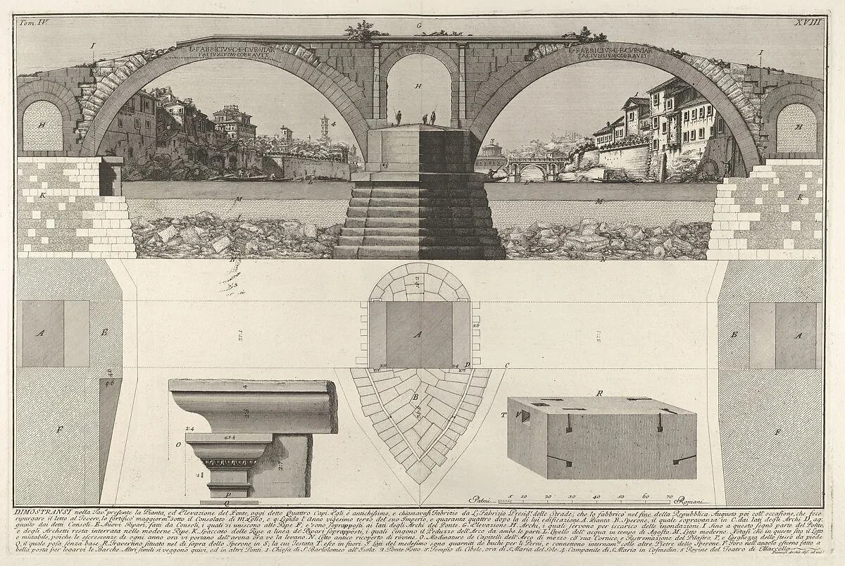 Plan and elevation of the Pons Fabricius (also known as the Quattro Capi Bridge), Rome, from the series 'Le Antichità Romane' — Giovanni Battista Piranesi