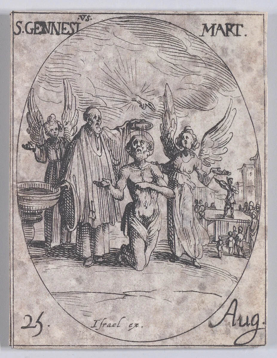 S. Genès, martyr (St. Genesius, Martyr), August 25th, from "Les Images De Tous Les Saincts et Saintes de L'Année" (Images of All of the Saints and Religious Events of the Year) — Jacques Callot|Israël Henriet