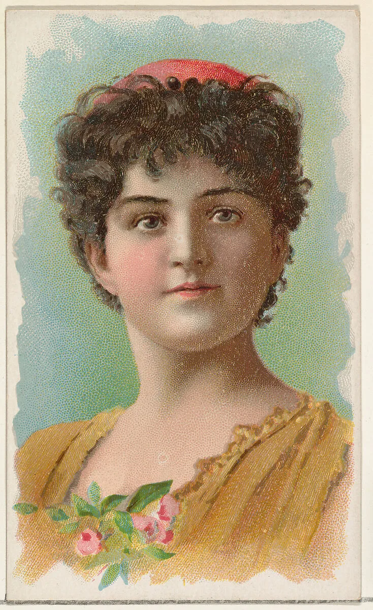 Actress wearing pink flowers on bodice, from Stars of the Stage, First Series (N129) issued by W. Duke, Sons & Co. to promote Honest Long Cut Tobacco — Knapp & Company|W. Duke, Sons & Co.