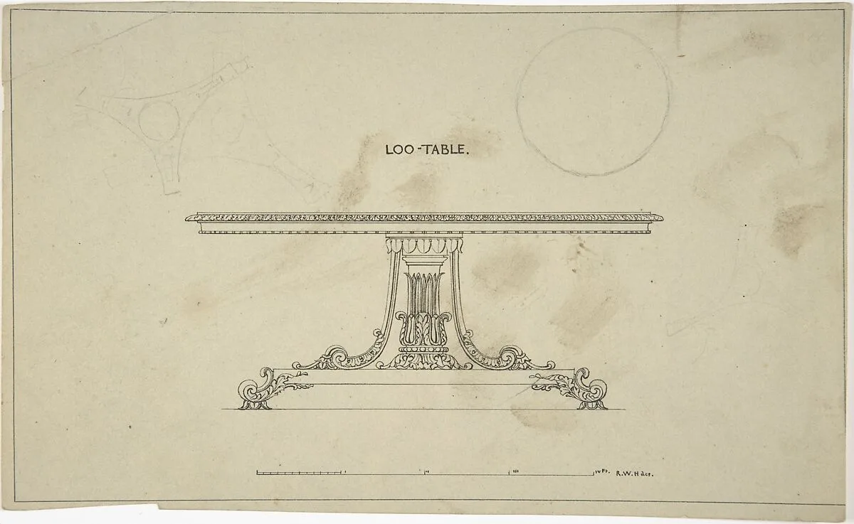 Design for Loo-Table, with plans of top and pedestal — Robert William Hume