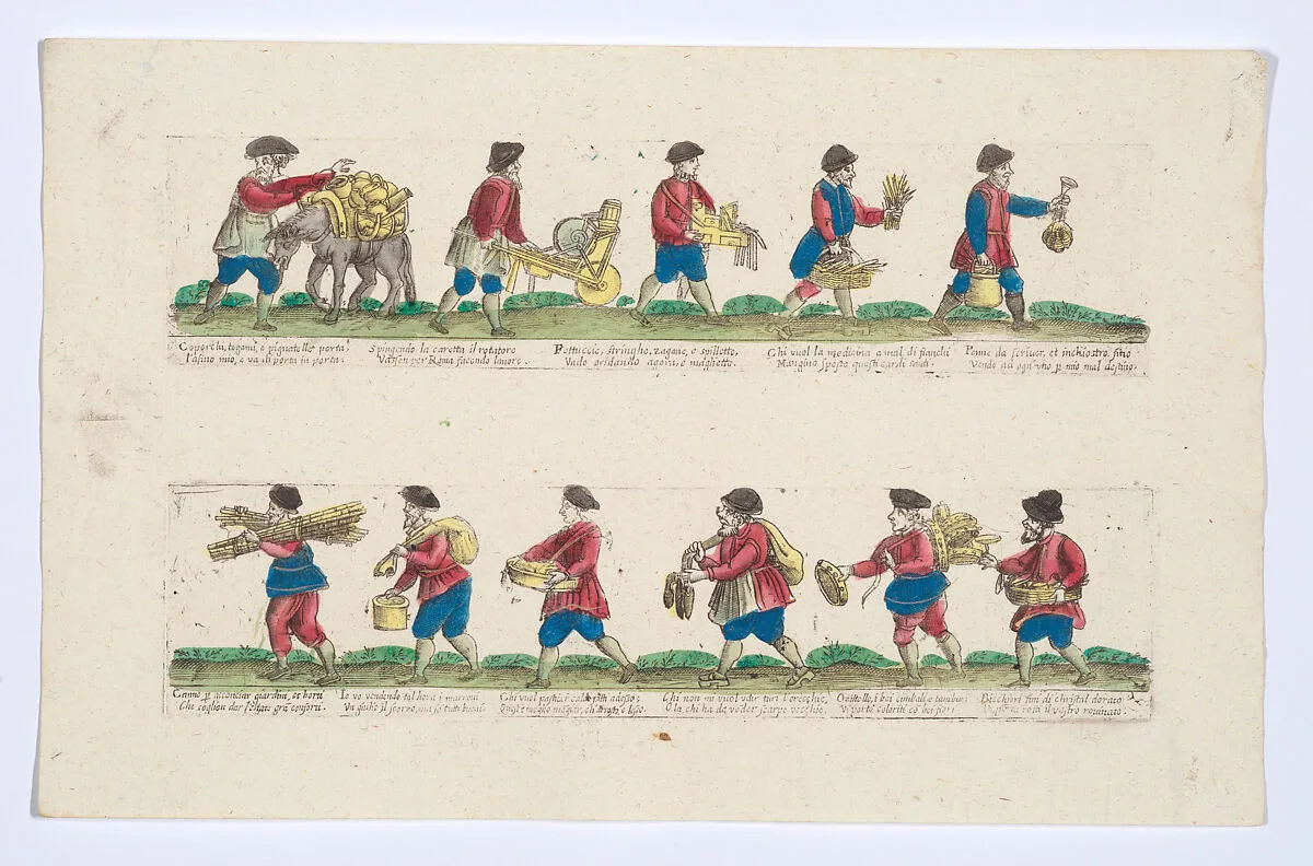 Unnumbered plate depicting the trades of Rome, here including vendors of kitchen pots, garden stakes, cups etc, from the 'Descrición de las artes que se llaman para los calles de la ciudad de Roma' — Giovanni Ambrogio Brambilla|Remondini