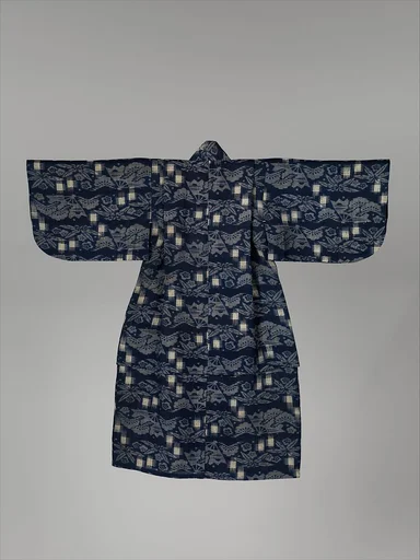 紺麻地松竹梅扇面模様子供用着物|Child's Kimono with Pine, Bamboo, Plum Blossoms, and Fans
