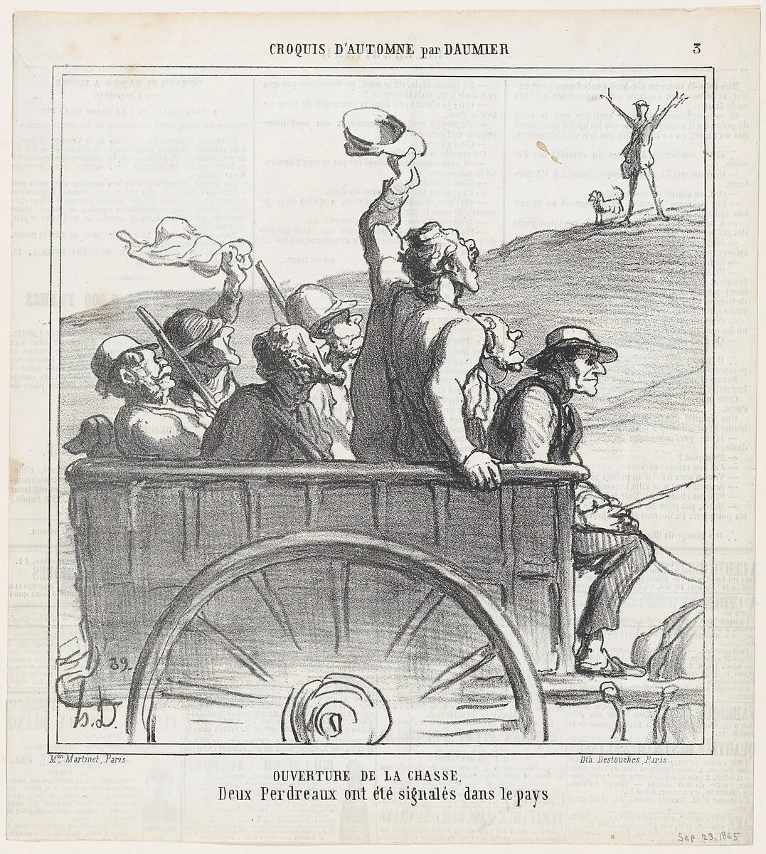 Opening of hunting season, it seems that two partridges have been sighted in the area, from 'Autumn sketches,' published in Le Charivari, September 25, 1865 — Destouches|Honoré Daumier|Aaron Martinet