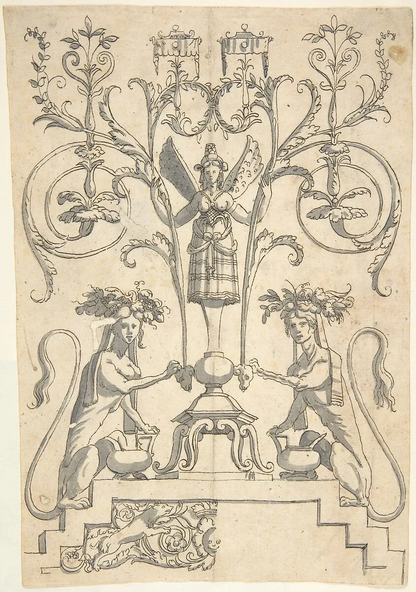 Candelabra Grotesque with a Winged Female Term on a Pedestal — Cornelis Bos|Anonymous, Italian, 16th century